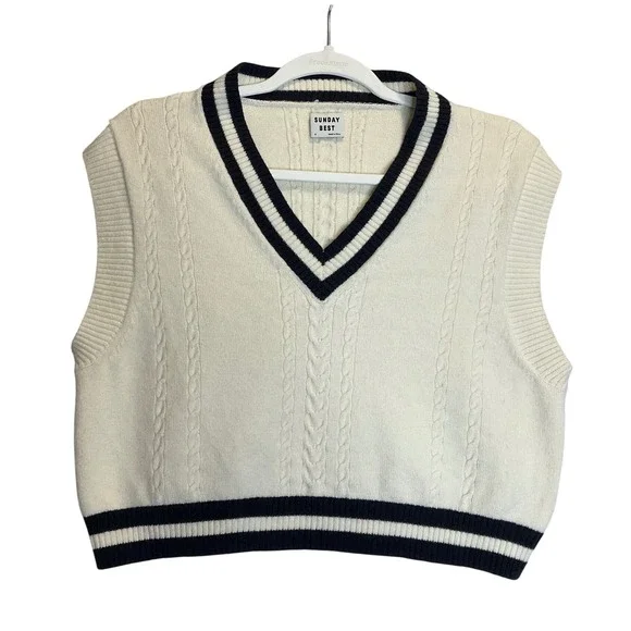 Sunday Best Winston Merino Wool Blend Cropped Sleeveless Sweater Vest Cable Knit - Picture 2 of 7